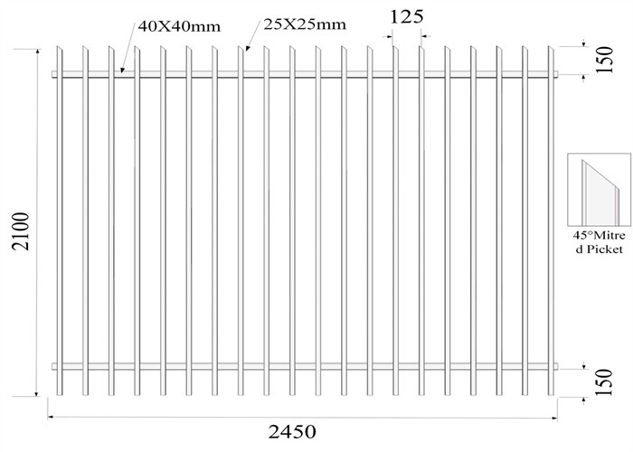 45° Mitred Picket 2100mmx2450mm Steel Fence
