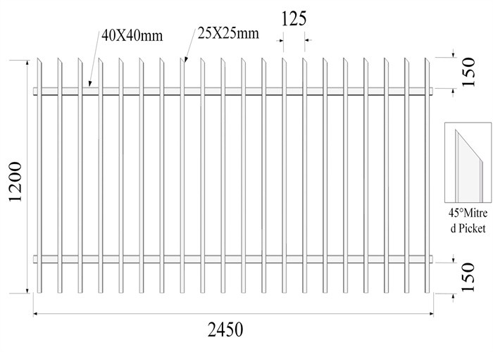  45° Mitred Picket Steel Fence 1200mmx2450mm